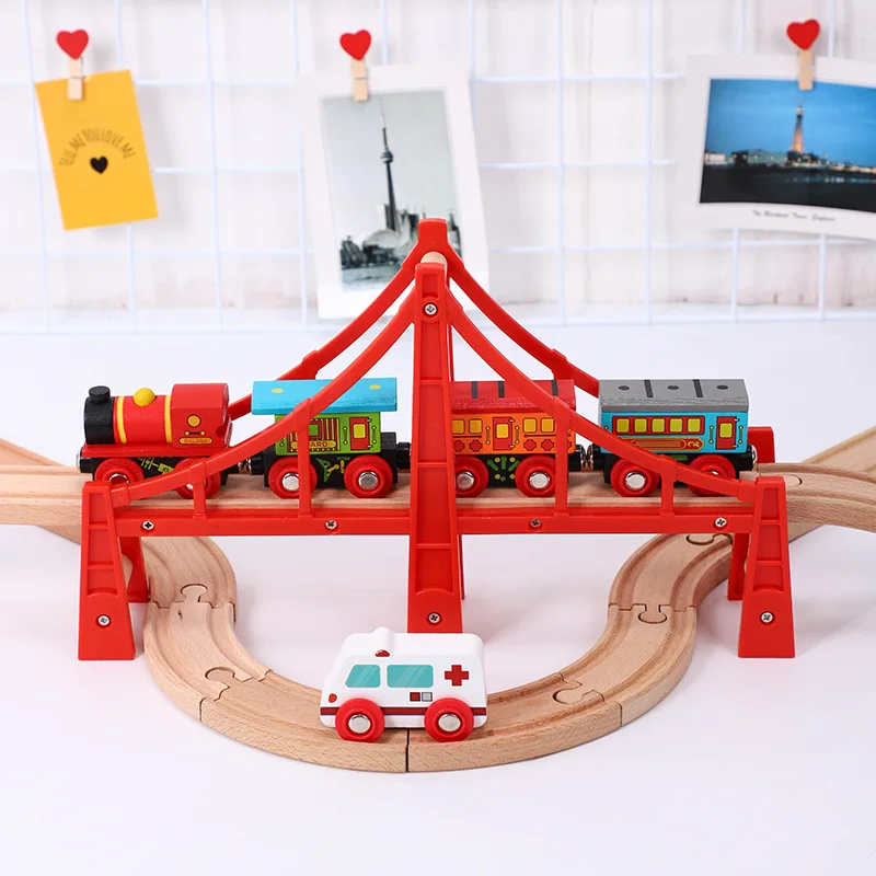 Деревянный поезд трек аксессуары T-homas красный с мостом сцены развивающие игрушки