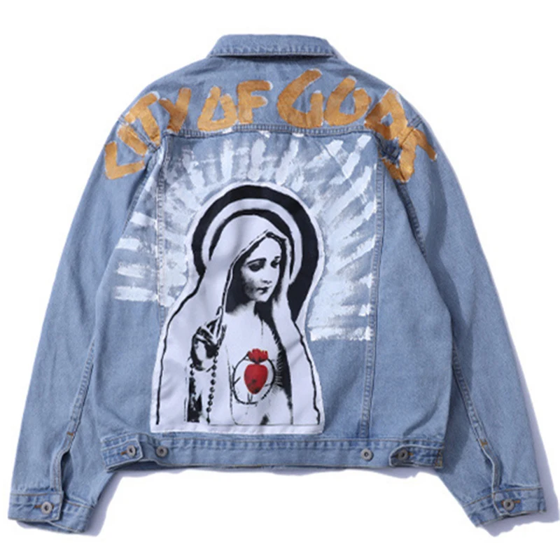 Streetwear Loose Washed Denim Jacket Brand Vintage Virgin Mary Painting Print Jeans Jackets Hip Hop Coat Men L261
Streetwear Loose Washed Denim Jacket Brand Vintage Virgin Mary Painting Print Jeans Jackets Hip Hop Coat Men L261