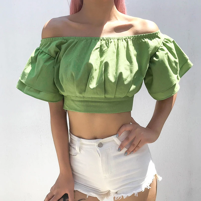 Women Summer Off-shoulder Short Bell Sleeve Summer Trendy Green Tee Shirt Loose Casual Ruffles Cropped Tops T-Shirt
Women Summer Off-shoulder Short Bell Sleeve Summer Trendy Green Tee Shirt Loose Casual Ruffles Cropped Tops T-Shirt