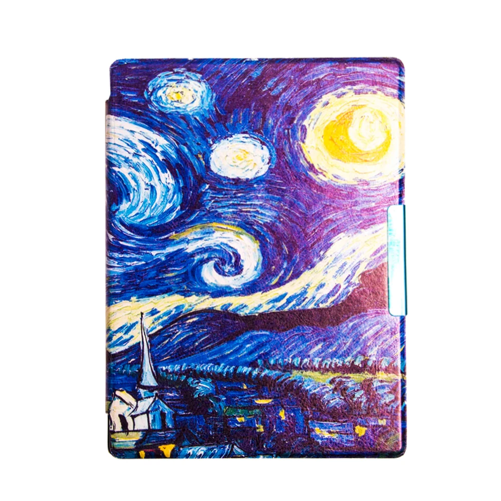 

Van Gogh Design leather cover case Lighted Slim Leather Cover for 2014 kobo aura h2o 6.8'' ereader smart cover case