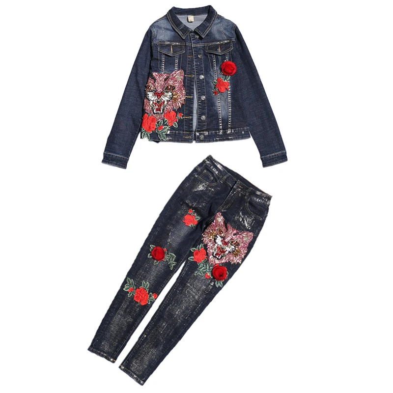 Фото Джинсовый костюм женский Бисер блестками Тигр Вышивка цветок джинсовая куртка +