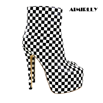 

Women Ankle Boots Round Toe Platform High Heels Booties Black White Grid Spring Autumn Short Boots Female Shoes Sky High Heels