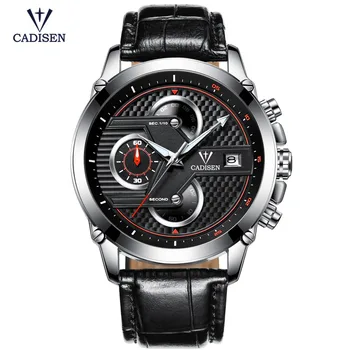 

Cadisen Man's Black Leather Band Quartz Watches Casual Chronograph Wristwatch for Man Analogue Display Luminous Hands CL9018G