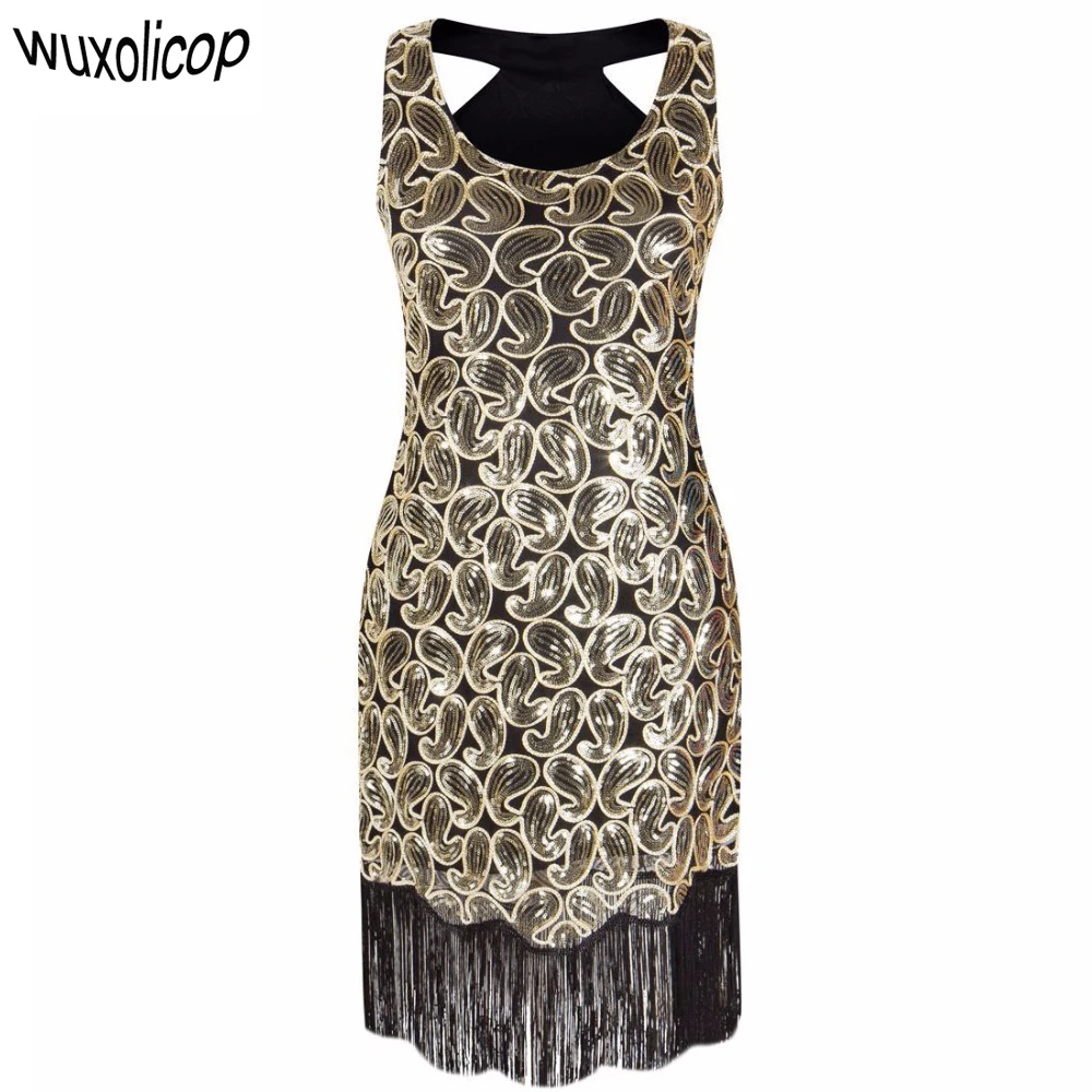 Women's 1920s Sequin Paisley Pattern Sleeveless Racer Back Flapper Black Gold Dress Sexy Fringe Great Gatsby Party Dress
Women's 1920s Sequin Paisley Pattern Sleeveless Racer Back Flapper Black Gold Dress Sexy Fringe Great Gatsby Party Dress
