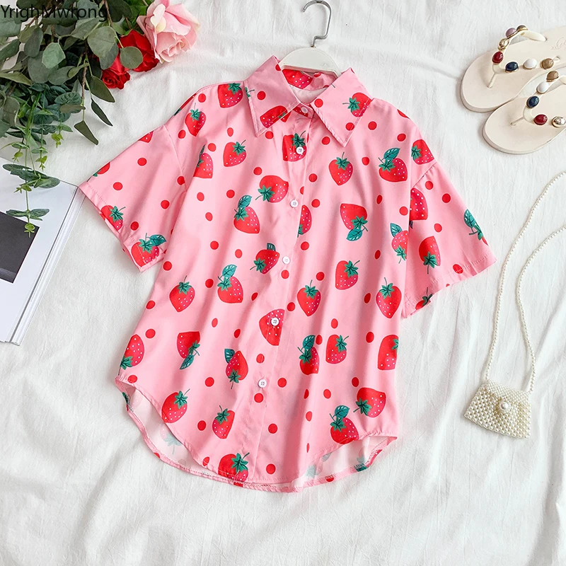 Strawberry Fruit Print Short Sleeve Button Turndown Collar Pink Cute Kawaii Korean Lolita Women Blouse Harajuku Shirt Top Casual
Strawberry Fruit Print Short Sleeve Button Turndown Collar Pink Cute Kawaii Korean Lolita Women Blouse Harajuku Shirt Top Casual