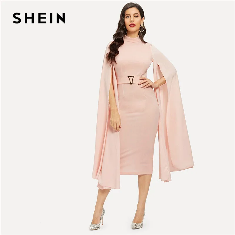 

SHEIN Exaggerate Long Split Sleeve Belted Pencil Bodycon Midi Dress Women Spring Elegant Stand Collar Pink Party Dresses