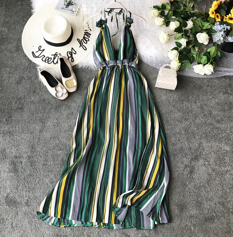 Thailand Sexy Backless Beach Causal Dress Women 2019 Summer Women's Seaside Holiday Maxi Long Dress Halter Stripe Chiffon Dress
Thailand Sexy Backless Beach Causal Dress Women 2019 Summer Women's Seaside Holiday Maxi Long Dress Halter Stripe Chiffon Dress