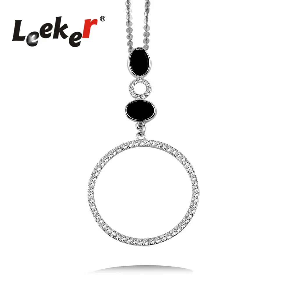 

LEEKER Vintage Jewelry Simply Round Circle Pendant Long Necklace With Dazzling Cubic Zircon Women Silver Color Chain 92408 LK12