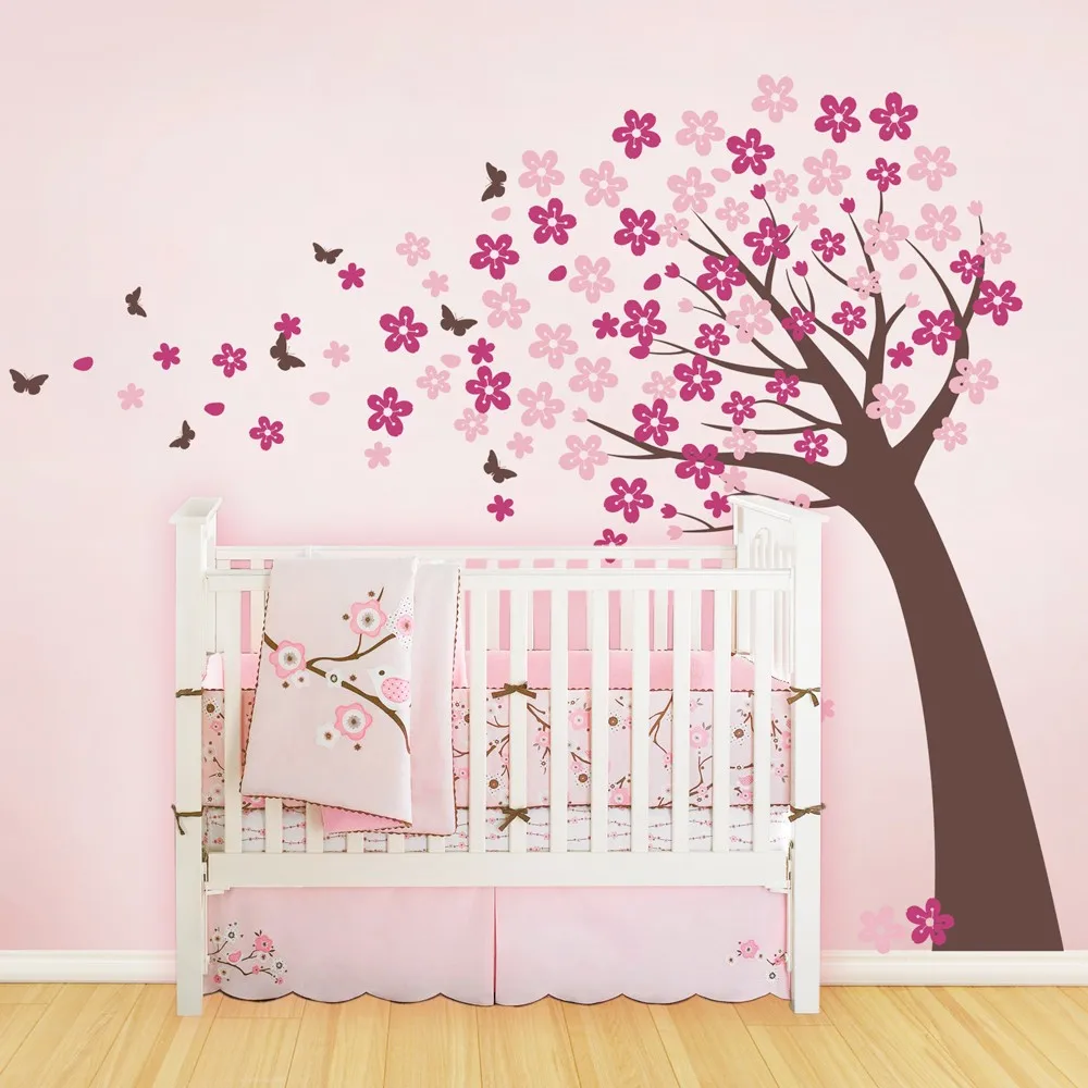 

Cherry Blossom Large Tree Wall Stickers For Kids Room Baby Nursery Wall Art Decal Removable Vinyl Butterfly Tree Mural A403