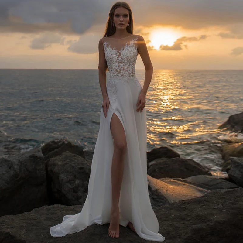 2019 Sexy Split Front Chiffon Wedding Dress Lace Appliqued Sheer Neck Beach Wedding Gowns For Bride Custom Size vestido de noiva
2019 Sexy Split Front Chiffon Wedding Dress Lace Appliqued Sheer Neck Beach Wedding Gowns For Bride Custom Size vestido de noiva