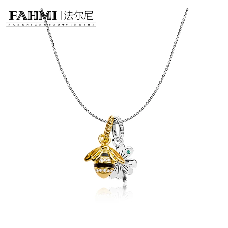 

FAHMI 100% 925 Sterling Silver New 2019 Lucky with ZT0264 Four-leaf Clover Bee String Pendant Necklace Set Send Girlfriend Gift