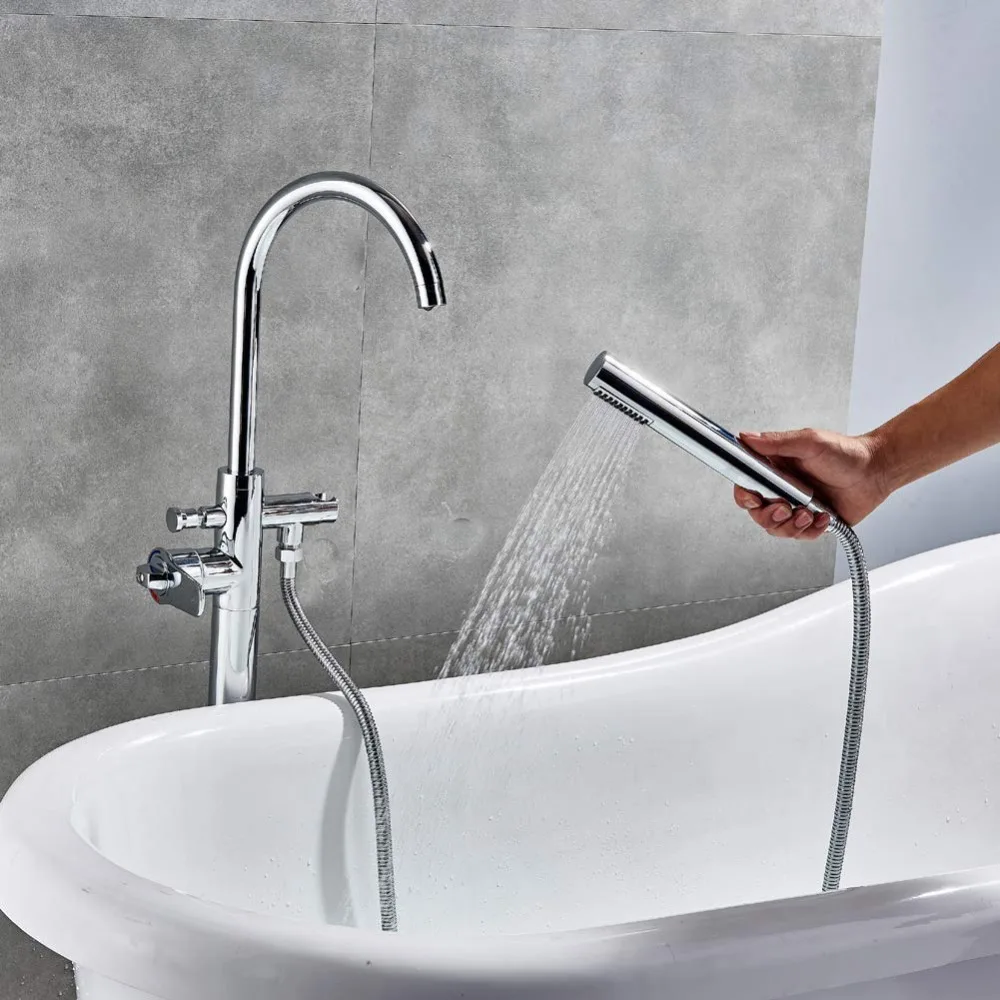 Bathroom Bathtub Tap Shower System Chrome Thermostatic Handle Dual Function Hand Shower and Filler Spout Floor Mounted1