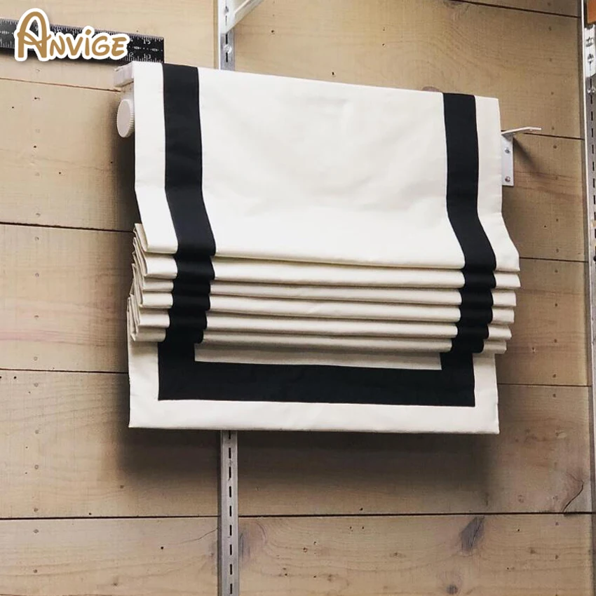 

ANVIGE Motorized White Color With Black Stripe Blackout/Light Filtering Curtain Window Blinds Roman Shades Customized
