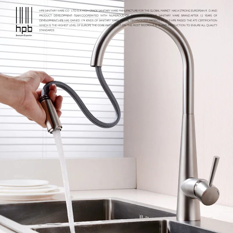

HPB Brass Brushed Pull Out Deck Mounted Hot And Cold Water Kitchen Mixer Tap Pb-free Sink Faucet torneira cozinha HP4101
