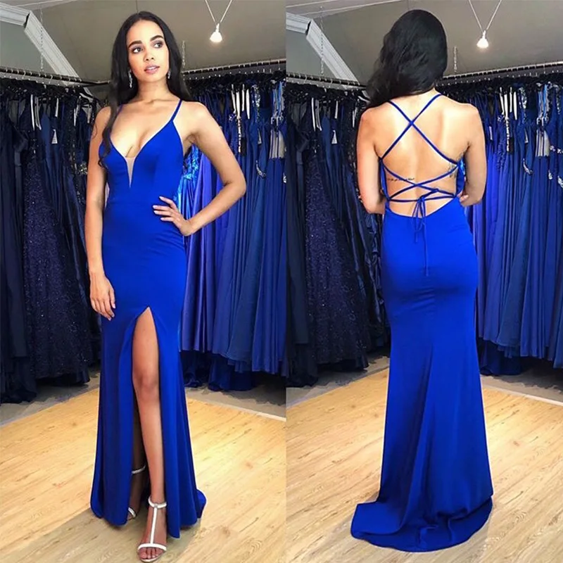 Sexy Long Evening Dress Front Split Spaghetti Straps Royal Blue Mermaid Style Backless Women Trumpet Formal Evening Party Dress
Sexy Long Evening Dress Front Split Spaghetti Straps Royal Blue Mermaid Style Backless Women Trumpet Formal Evening Party Dress
