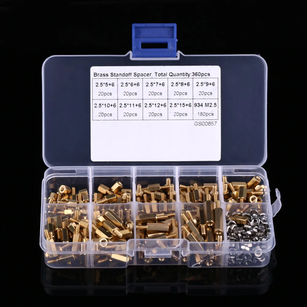 360pcs/Set M2.5 Brass Male-Female Standoff and Stainless Steel Hex Nuts Assortment In Box
360pcs/Set M2.5 Brass Male-Female Standoff and Stainless Steel Hex Nuts Assortment In Box