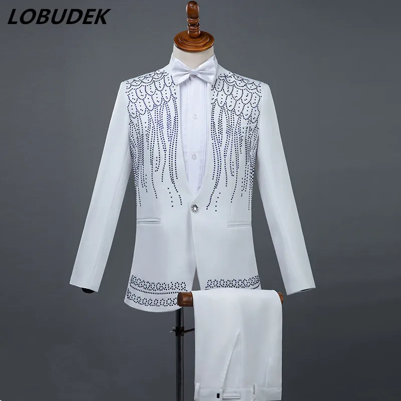 Black White Men's Suits Sparkly stones Fashion Slim Blazers jacket Formal stage outfit singer Host Master Wedding Costume
Black White Men's Suits Sparkly stones Fashion Slim Blazers jacket Formal stage outfit singer Host Master Wedding Costume