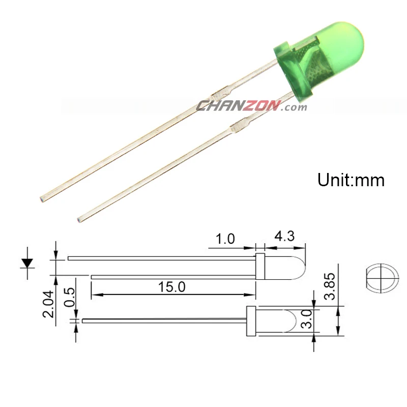 CHANZON 100 шт. 3 мм LED диод зеленый цвет диффузный DIP Круглый в светоизлучающий через