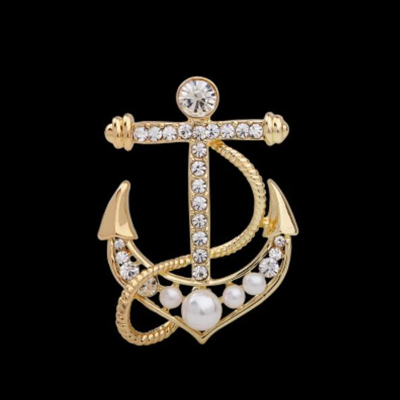 

Rhinestone Simulated Pearl Ship Anchor Brooches Men's Suit Pin Lucky Jewelry