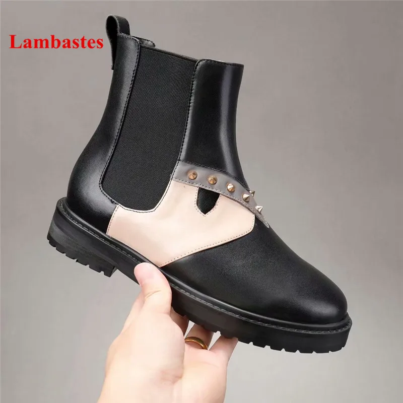 

Black Ankle Boots Women 2018 New Round Toe Rivets Embellished Slip On Leather Women Chelsea Boots Low Heel Shoes Women Botas