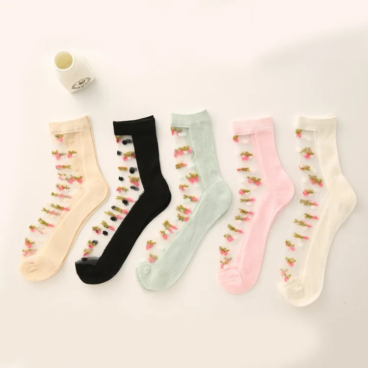 Japanese Summer Women Transparent Socks Harajuku Stretch Strawberry Crystal Sock Japan Glass Silk Art Calcetines Mujer | Женская одежда