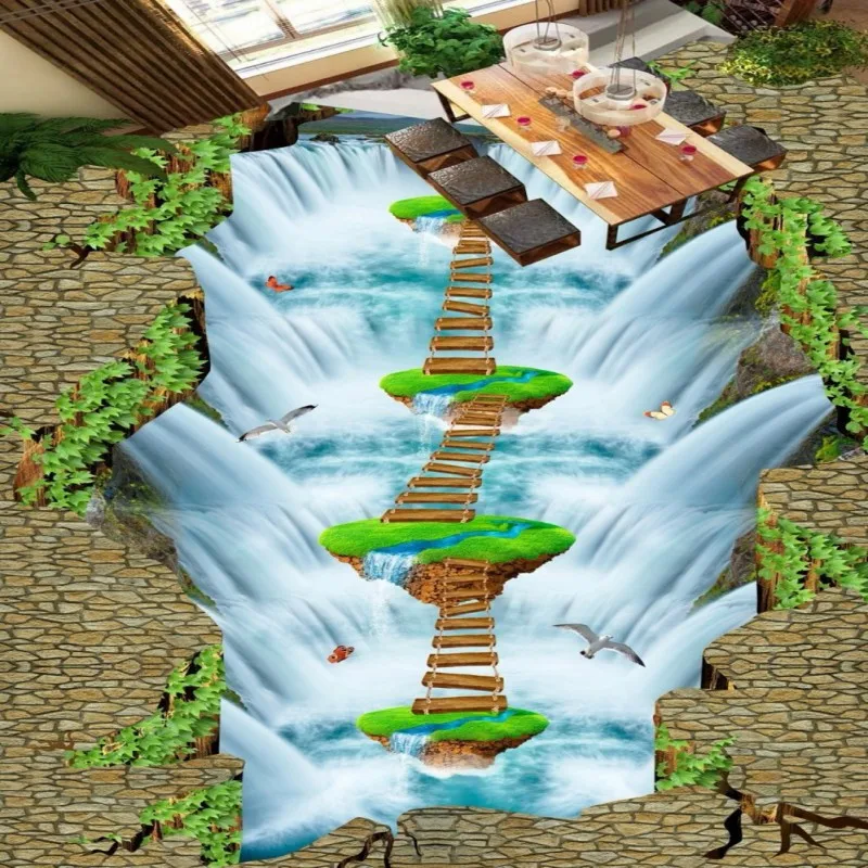 Image Free Shipping Cliff Falls Suspension Island Bridge Bathroom Kitchen Walkway 3D Floor wear non slip flooring mural