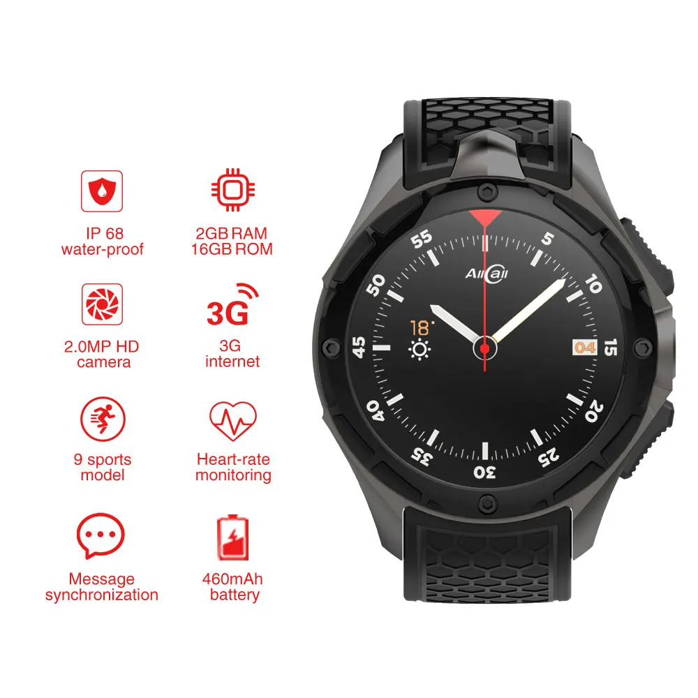 

AllCall W2 Android 7.0 MTK 6580 Quad-core Smart watch 1.39 Inch 3G IP68 waterproof Heart rate monitor Camera Phone Smartwatch