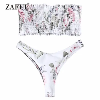 

ZAFUL Bikini Strapless Smocked Bikini Top with Floral Bottoms Women's Swimsuits Shirred Padded Swimwear Bandeau Brazilian Biquni