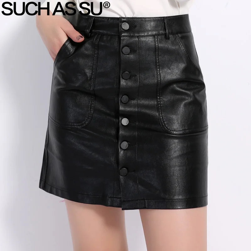 Image High Waist Leather Skirt 2016 New Fashion Fall Winter PU Pockets Button Mini A Line Skirts S XXXL Plus Size Black Skirt Female
