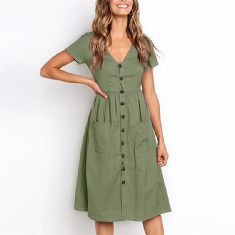 Nibesser 2019 Women Fashion Summer Short Sleeves V-neck Buttons Down Midi Girl Dress Pockets Beach Summer Bohemian Dresses 
Nibesser 2019 Women Fashion Summer Short Sleeves V-neck Buttons Down Midi Girl Dress Pockets Beach Summer Bohemian Dresses