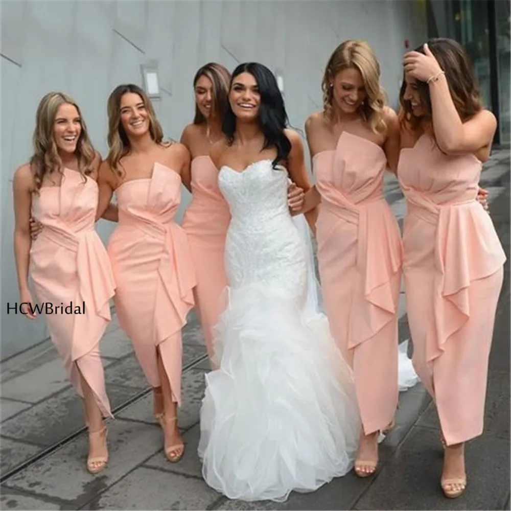 Blush Pink Short Bridesmaid Dresses Strapless Sheath Style Tea Length Pleat Elastic Satin Cheap Wedding Party Gowns Custom Made
Blush Pink Short Bridesmaid Dresses Strapless Sheath Style Tea Length Pleat Elastic Satin Cheap Wedding Party Gowns Custom Made