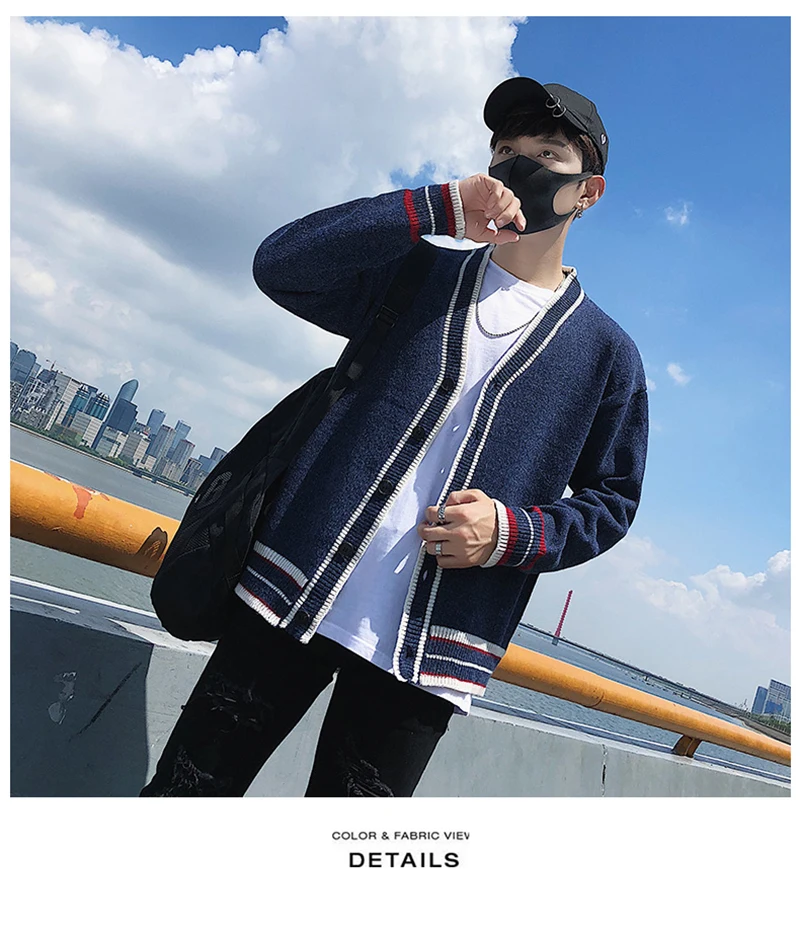 Check Button Cardigan Male Oversize Loose Streetwear (19)