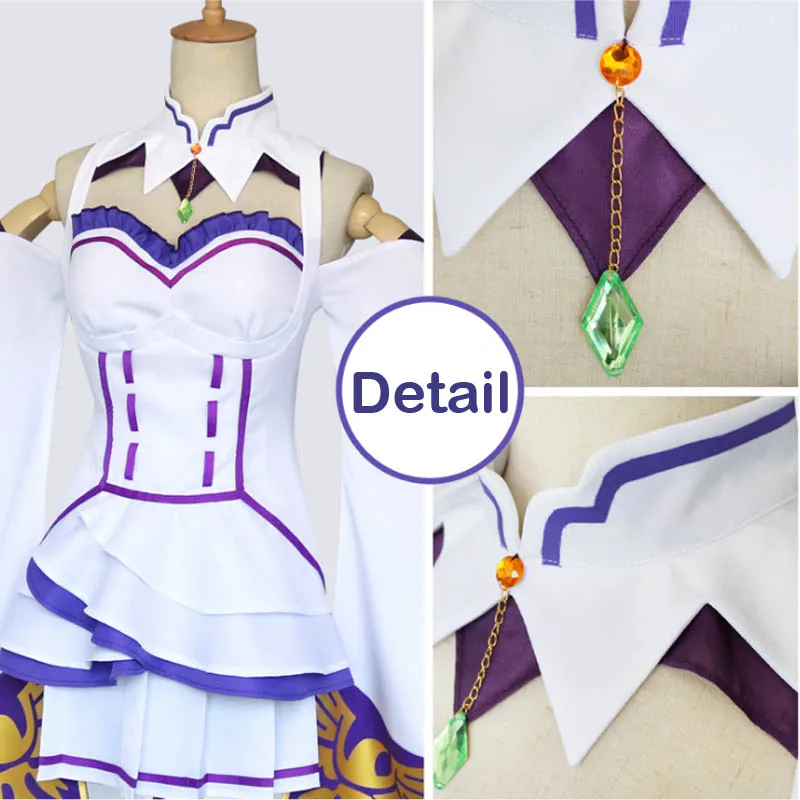 Coshome Re Zero Kara Hajimeru Isekai Seikatsu Emilia Wigs Cosplay Costumes Women Short Dress With Headdress For Halloween Party (7)
