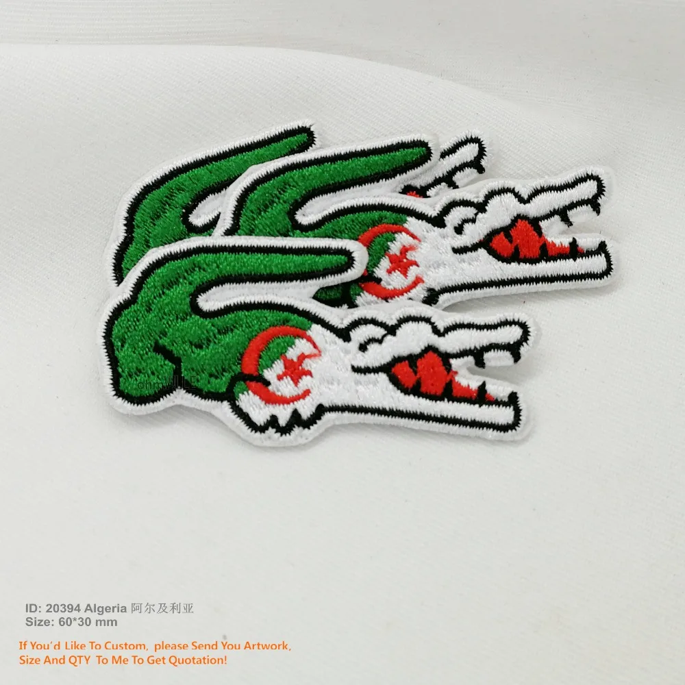 Free Shipping Algeria Flag Crocodiles Patch Embroidered Iron on Patches Promotion Eco-friendly Handmade 3D Appliqued Custom LOGO
Free Shipping Algeria Flag Crocodiles Patch Embroidered Iron on Patches Promotion Eco-friendly Handmade 3D Appliqued Custom LOGO