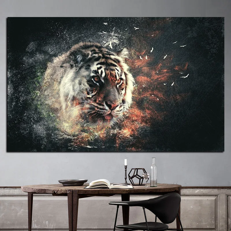 HD Print 3D Tiger in Fire Animals Oil Painting on Canvas Pop Art Modern Wall Picture for Living Room Poster Sofa Cudros Decor (2)