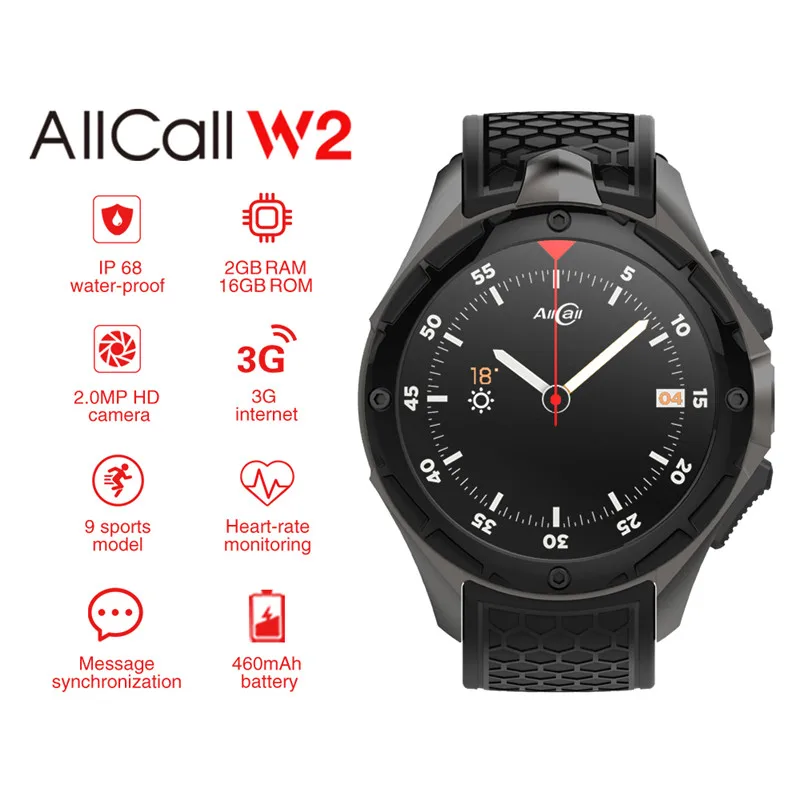 

ALLCALL W2 FOR SAMSUNG GEAR S4 Smart Watch Android 7.0 MTK6580 Quad Core 1.3GHz 2GB 16GB 3G GPS WIFI Ip68 waterproof Smartwatch