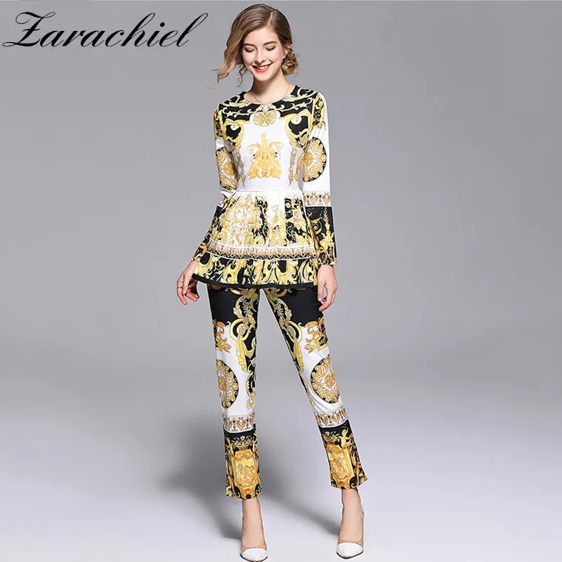 Fashion Runway Designer Suit Set Women's Long Sleeve Retro Pattern Print Pleated Hem Split Pullover Top Pants Set 2 Piece Sets
Fashion Runway Designer Suit Set Women's Long Sleeve Retro Pattern Print Pleated Hem Split Pullover Top Pants Set 2 Piece Sets