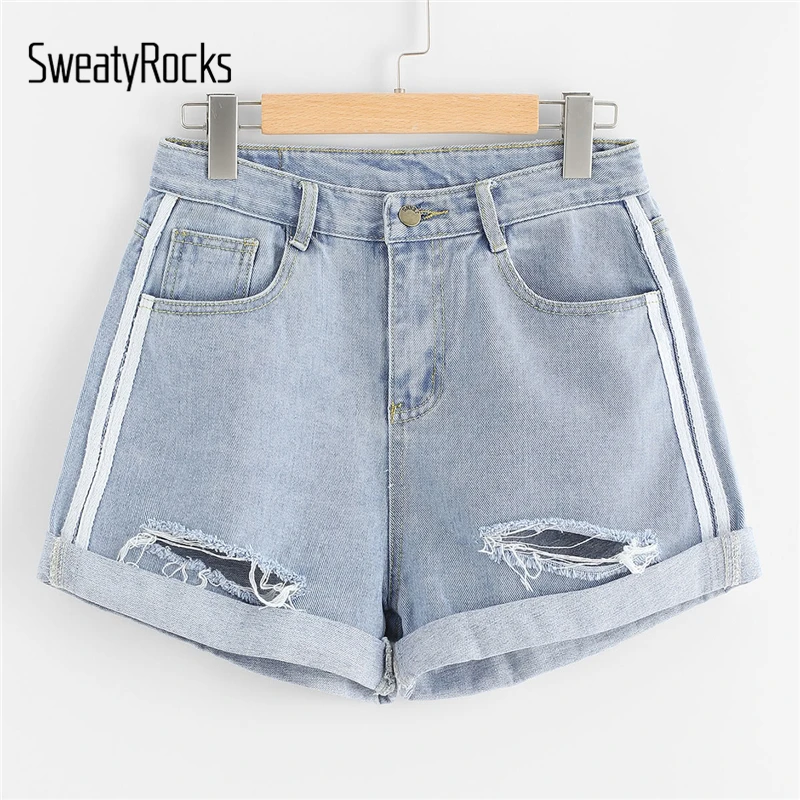 

SweatyRocks Rips Denim Shorts Women Button Fly Mid Waist Loose Shorts 2018 Summer New Fashion Blue Rock Casual Shorts