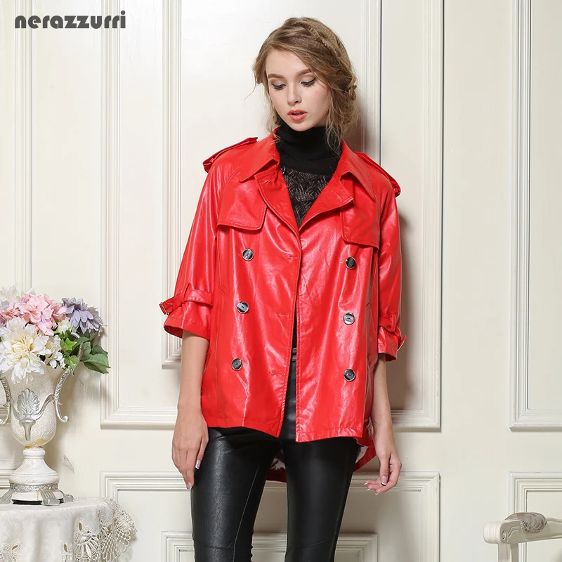 Image Nerazzurri new 2017 arrival spring faux leather jacket women pu leather long loose causal fashion female coat plus size 5XL 6XL