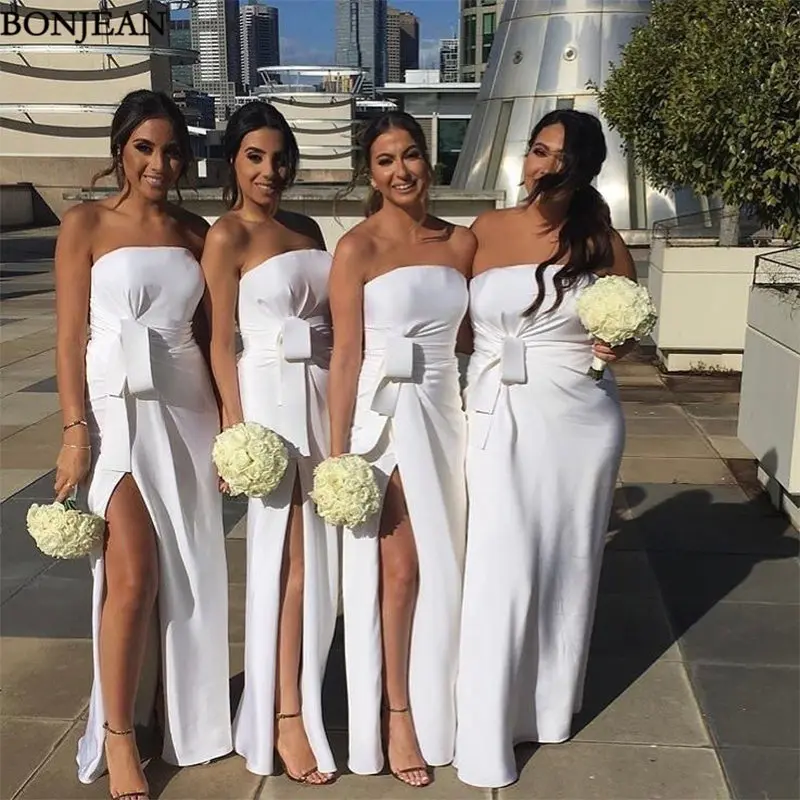 Simple Long White Bridesmaid Dresses Strapless Sleeveless Side Split Pleat Women Wedding Guest Party Gowns Cheap
Simple Long White Bridesmaid Dresses Strapless Sleeveless Side Split Pleat Women Wedding Guest Party Gowns Cheap