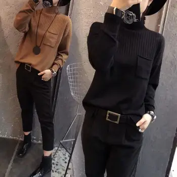 Autumn Winter New Sweater Women's Stand Neck Pullovers Loose Black Sweater Casual Irregular Tops Knitted Pockets Sweaters CC225
Autumn Winter New Sweater Women's Stand Neck Pullovers Loose Black Sweater Casual Irregular Tops Knitted Pockets Sweaters CC225