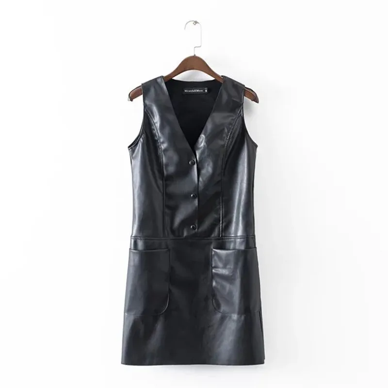 2017 women clothing sleeveless V-Neck pockets PU leather black dress Female casual fashion slim mini faux leather dresses S1863
2017 women clothing sleeveless V-Neck pockets PU leather black dress Female casual fashion slim mini faux leather dresses S1863
