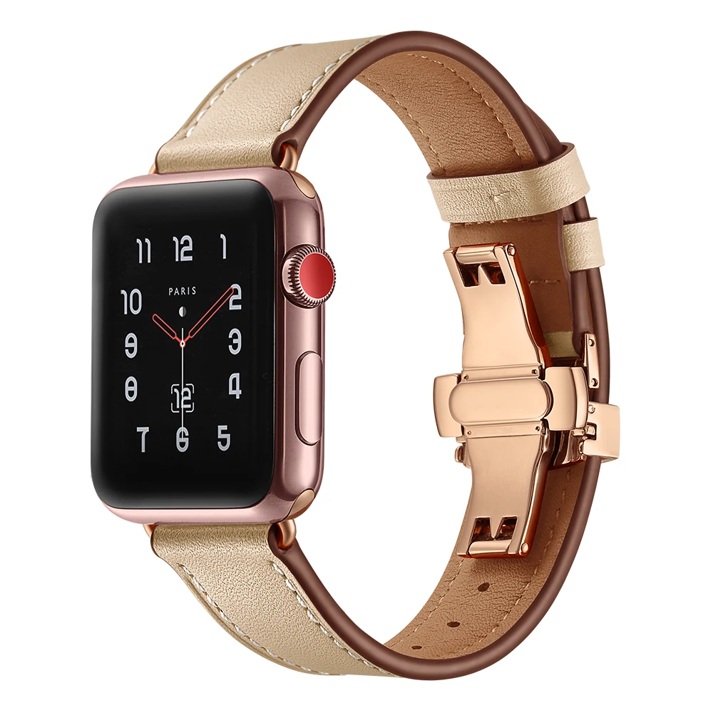 

Italy Calf Genuine Leather Watchband for 38mm 40mm 42mm 44mm iWatch Apple Watch Series 1 2 3 4 Butterfly Buckle Band Wrist Strap