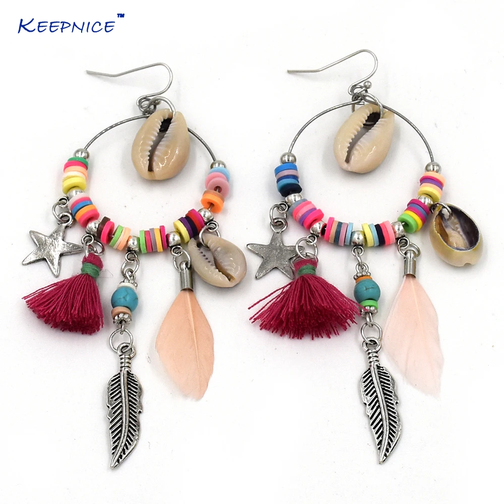 

2017 New handmade Long fringe feathe tassel charm earrings Bohemia boho party earrings shell pendants chandelier Gypsy earrings