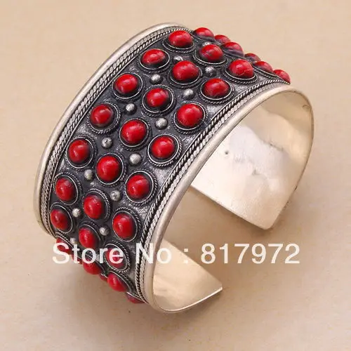 

Hot Fashion Red Coral more bling beaded inlay tibet silver cuff bracelet quality Adjustable Party Gift &6YB00033