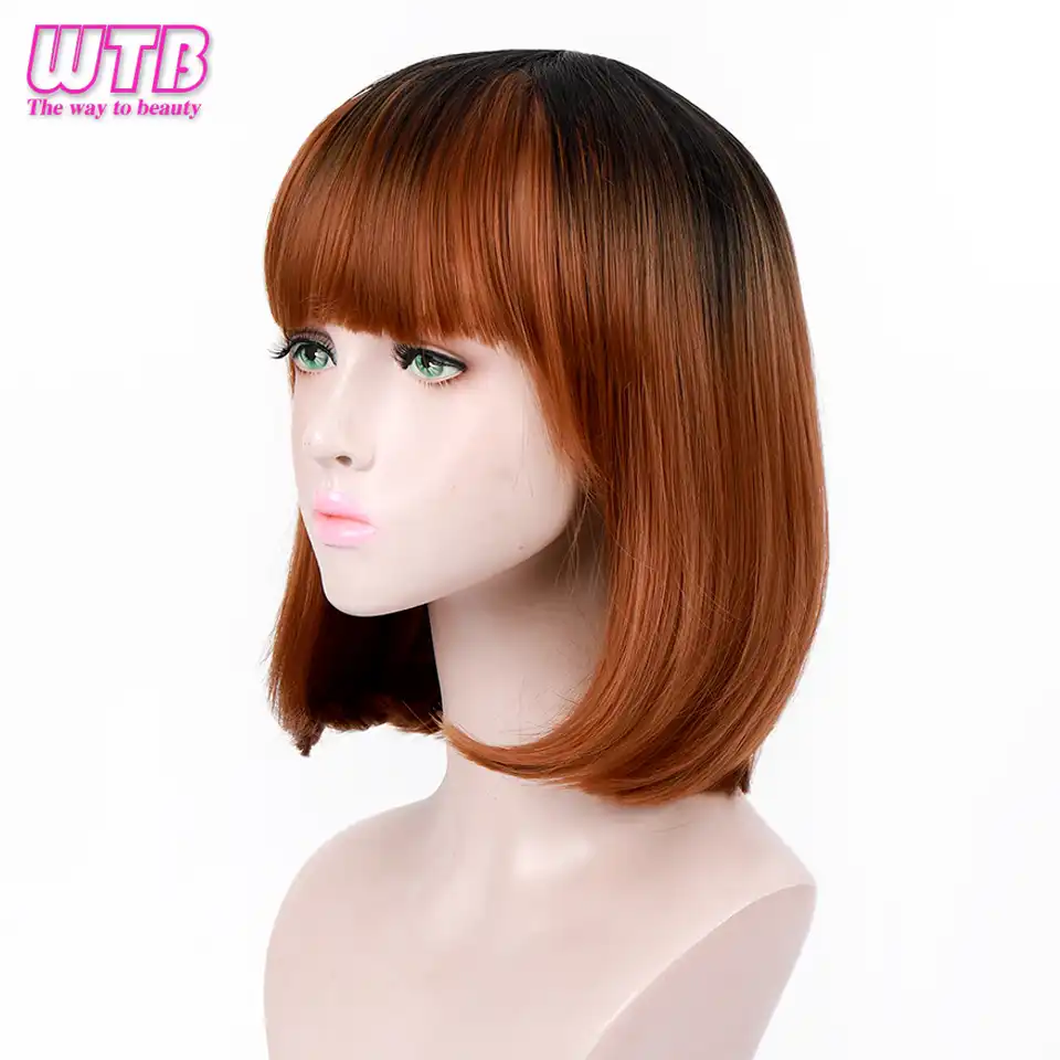 Wtb Short Straight Black Brown Ombre Wigs With Bangs For Women