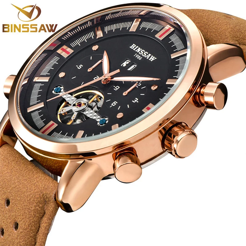 

BINSSAW Men Automatic Mechanical Watch Fashion Men Casual Tourbillon Brand Calf Leather Military Sport Watches relogio masculino