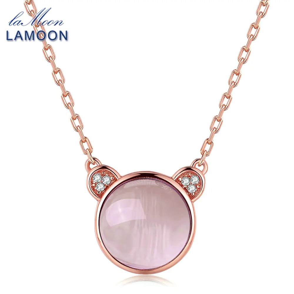 LAMOON Lovely Pink Bear Necklace&Pendent For Women 4.8ct Natural Gemstone Rose Quartz 925 Sterling Silver F ine Jewelry NI007 | Украшения