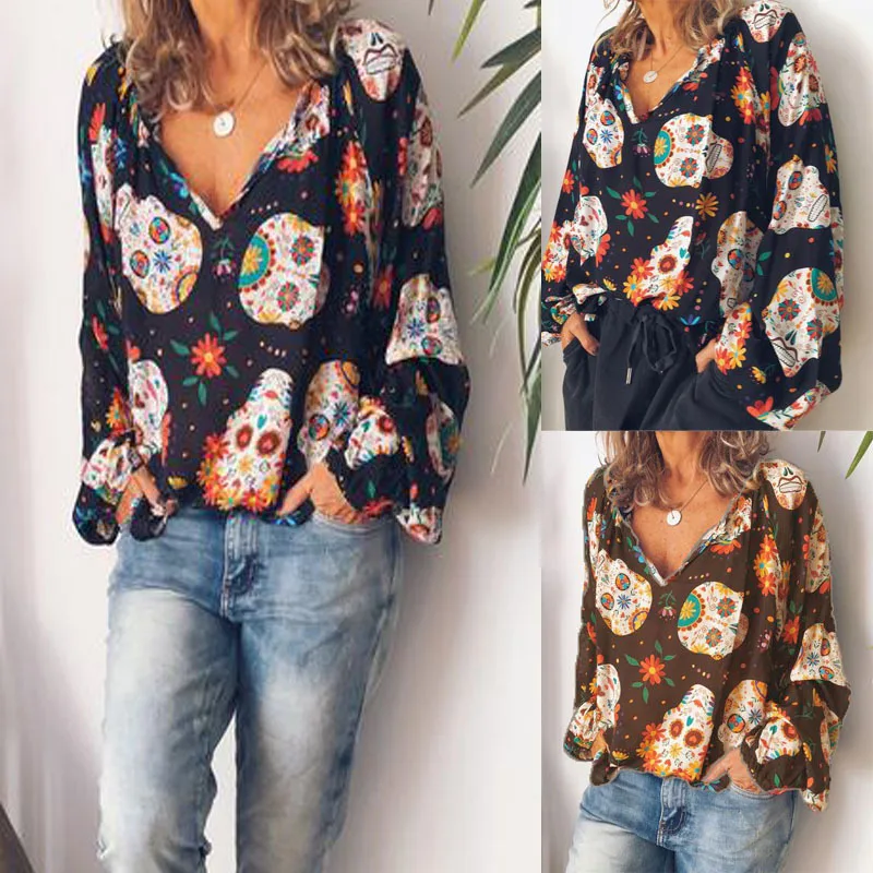 Women Blouses 2019 Spring Summer Fashion Chiffon Long Sleeve Sexy V-neck Skull Print Casual Plus size Ladies Tops Shirts 2 Color
Women Blouses 2019 Spring Summer Fashion Chiffon Long Sleeve Sexy V-neck Skull Print Casual Plus size Ladies Tops Shirts 2 Color