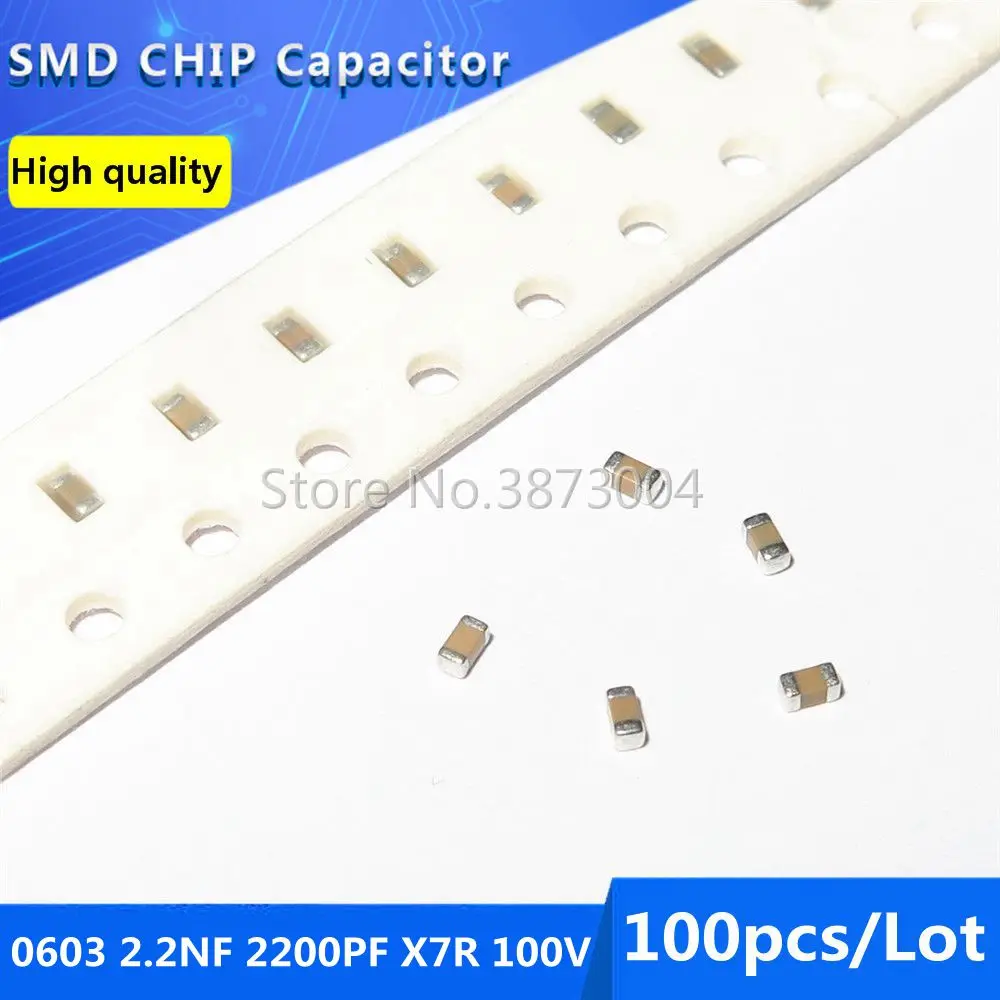 

100pcs 0603 2.2NF 2200PF X7R 100V 10% SMD Chip Capacitor